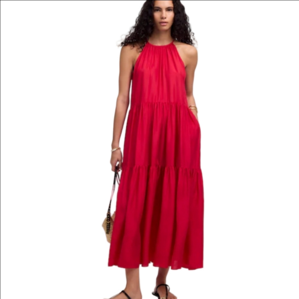 Madewell Habotai Silk Tiered Halter Dress NV481 Size XS Fushia NWT